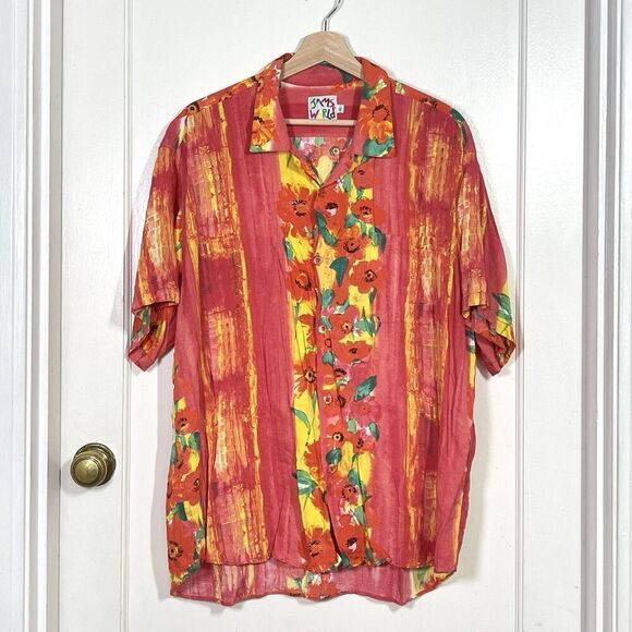 Vintage Jams World Fire Daisy Hawaiian Button Up Shirt Floral Mens Size XL - Picture 1 of 10